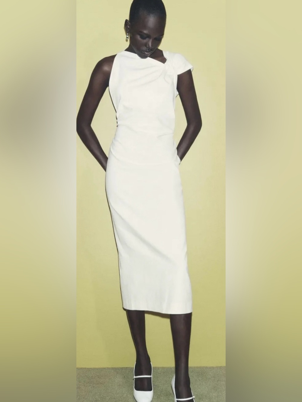 Zara Ivory Knot-Shoulder Midi Dress w/cut out
